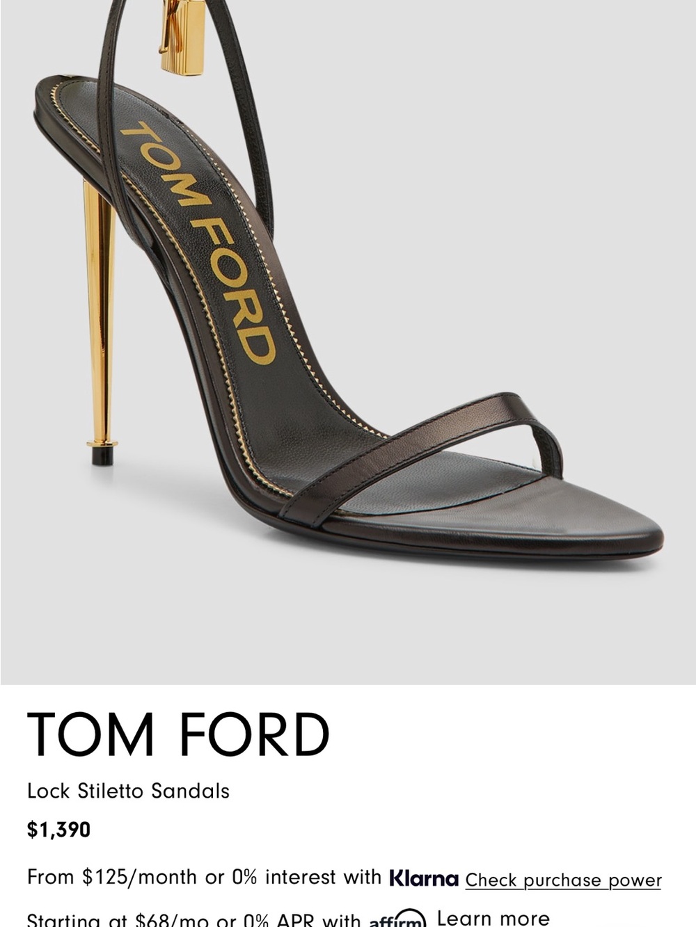Tom Ford Black Leather Single-Strap Stiletto Sandals with Gold Heel